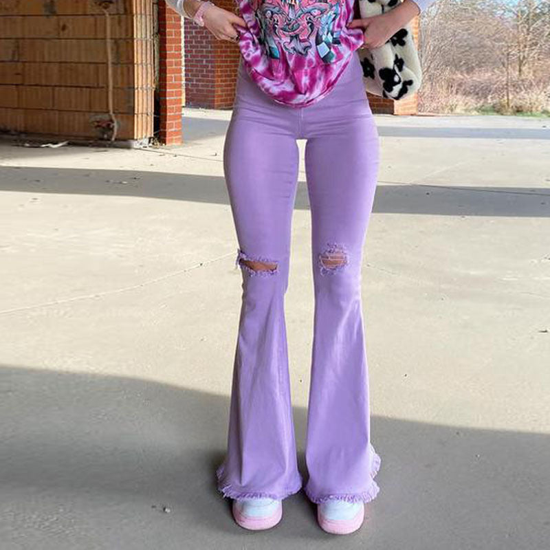 Colored Stretchy Denim Trousers -  Ripped Frayed Flared Trousers
