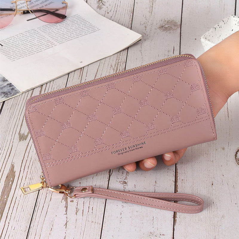 Long Crown Embroidery Thread Single Zip Clutch Women's Wallet