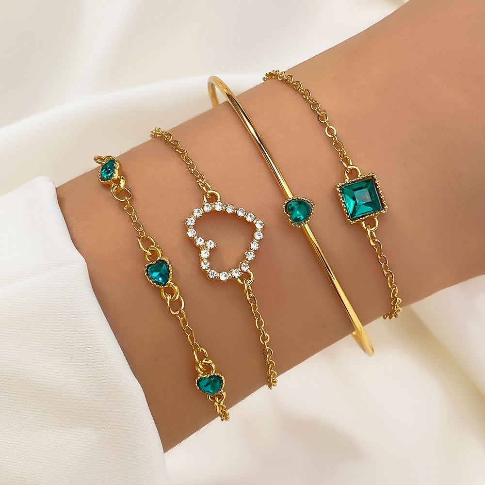 Fashion Vintage Inlaid Lvzuan Square Bracelet – Retro Geometric Heart Design (4PCS Set)