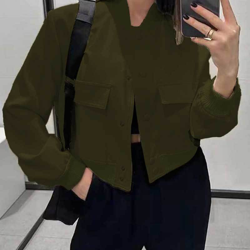 Stylish Stand-Collar Jacket – Trendy, Loose-Fit with Big Pockets!  Fashion Button Stand-collar Jacket With Big Pockets Casual Loose Short Outwear Tops Coat For Women Clothing - JumoShop