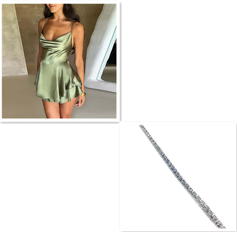 Elegant Suspender Slim Strap Satin Backless Lace Up A-Line Short Dress Lady