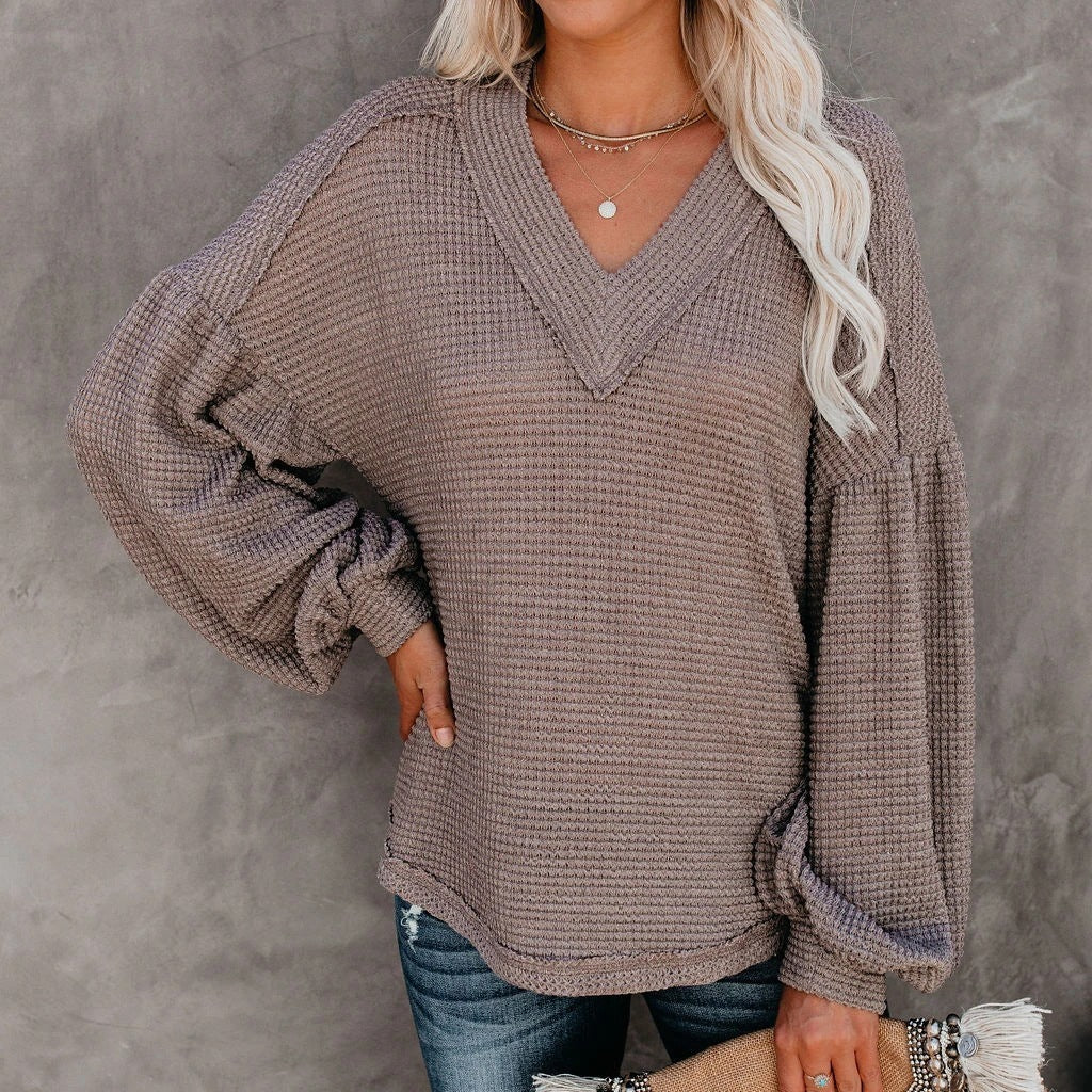 Fashion loose V-neck T-shirt - Lantern Sleeve Top