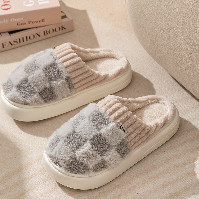 Plaid Plush Slippers - Women's Indoor Plush Home Slippers
