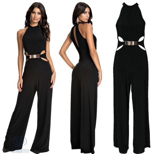 Chic High-Neck Cutout Belted Black Jumpsuit – Elevate Your Elegance! Fashion casual stitching long-sleeved high-neck flared pants black sling jumpsuit - JumoShop