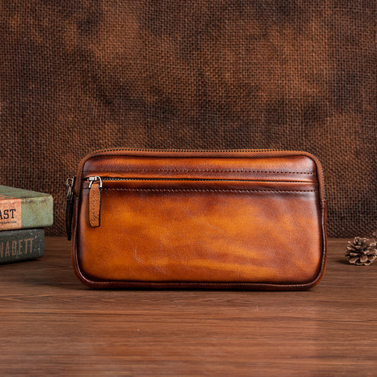 Cowhide Casual Men's Clutch - Vertical Model In Square Shape First Layer