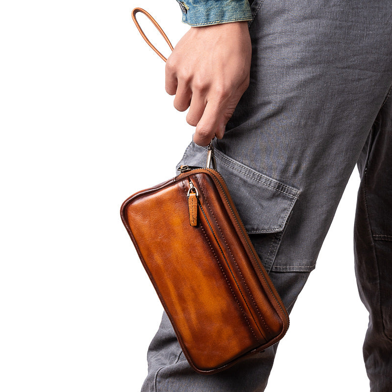 Cowhide Casual Men's Clutch - Vertical Model In Square Shape First Layer