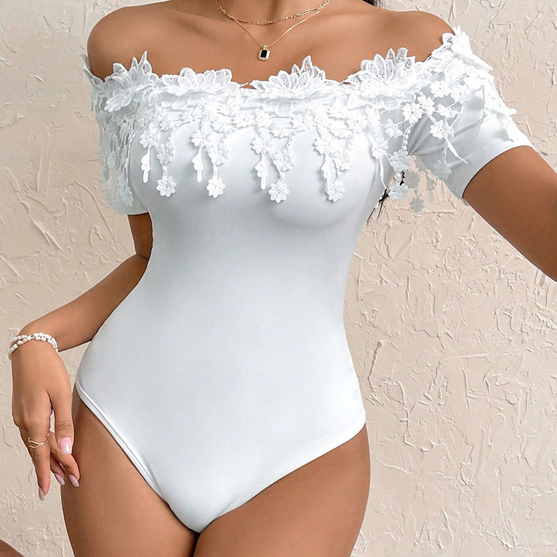 Sexy Lace design Body Suit - Women's Off Shoulder Short Sleeve Bodysuit Sexy Lace Bodycon Top