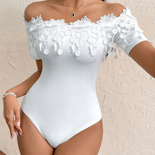Sexy Lace design Body Suit - Women's Off Shoulder Short Sleeve Bodysuit Sexy Lace Bodycon Top