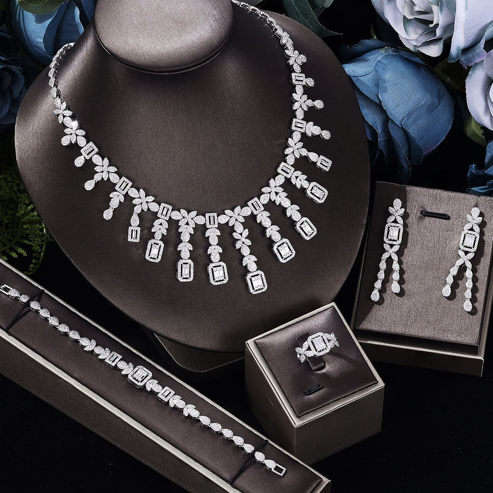 Zircon Necklace Earrings Bracelet Ring Set - 4 in 1 Wedding Set