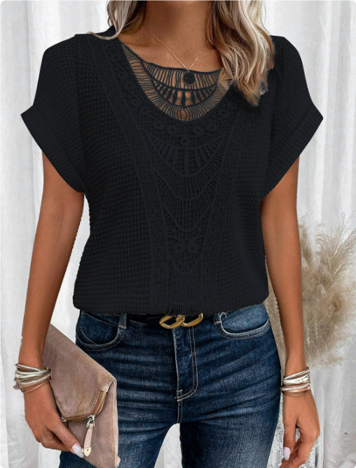 Summer Hollow Out Short-sleeved T-shirt - Women Clothing