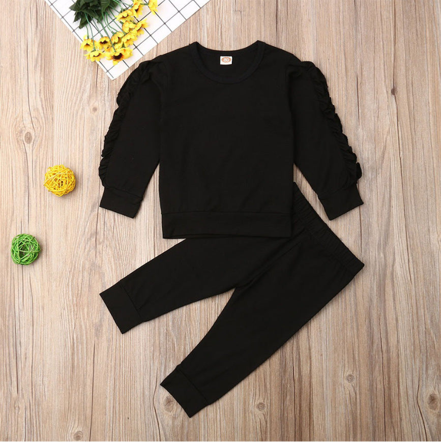 Adorable Ruffle Sleeve Baby Girl Outfit – Cozy & Stylish 2-Piece Set! Newborn Baby Boys Girls Ruffles Jumper Solid Long Sleeve Sweatshirt Tops Pants Infant Kids 2Pcs Outfits Clothes Set Fall Clothes - JumoShop