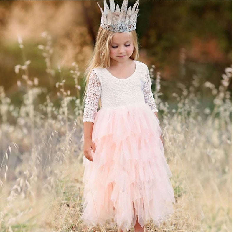 Hollow Skirt Lace Long-sleeved Girls Princess Irregular Dress