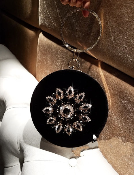 LOLIBOX Women Bags - Women Evening Clutch Bags Velvet Diamond Ring Handbags Small Round Clutch Bag Day Party Clutches Purses