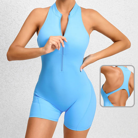 Zippered Yoga Fitness Shorts Jumpsuit – Tummy Control & Butt-Lifting Sportswear for Women