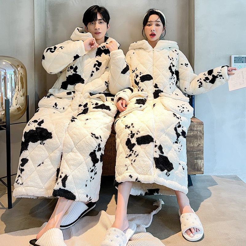 Men's Winter Quilted Cow Pajamas - Thick Coral Fleece Bathrobe Homewear Nightgown