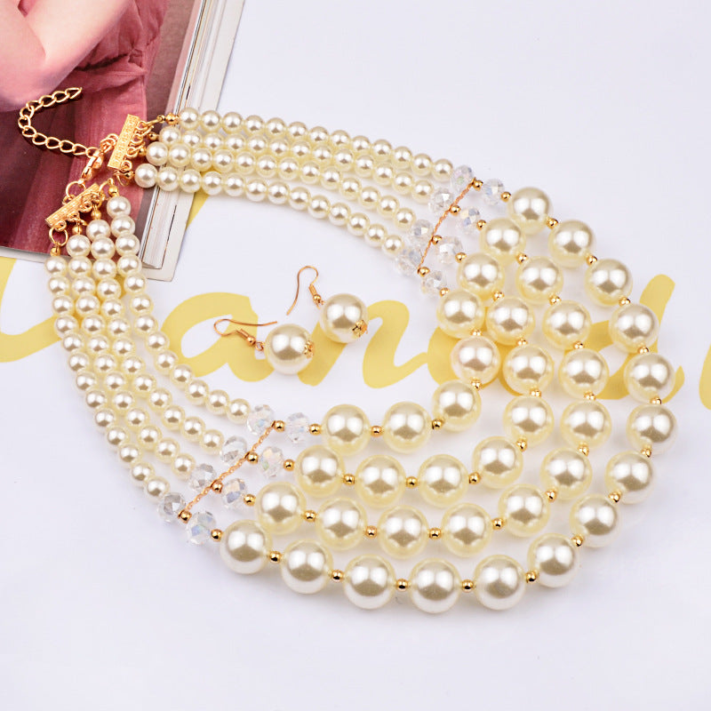 Europe Crystal Pearl Long Necklace Earrings - Bride jewelry set accessories
