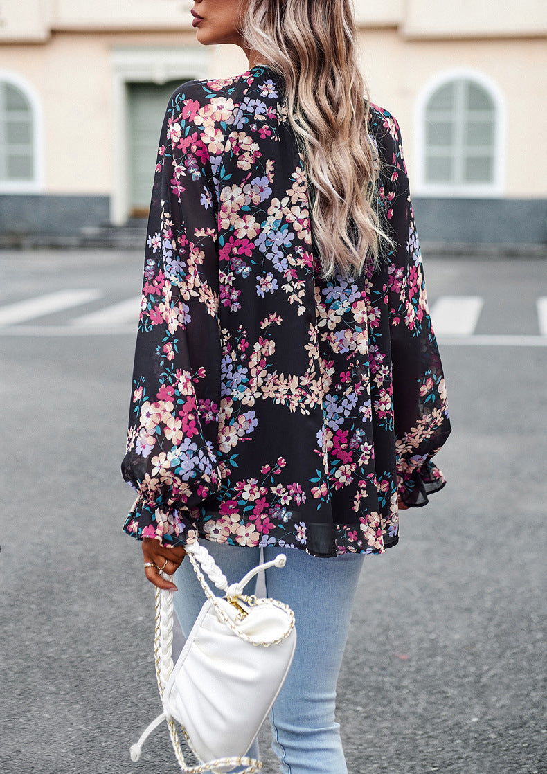 Women Floral Casual V Neck Long Sleeve Shirt - Loose Chiffon Blouses Shirts Tops