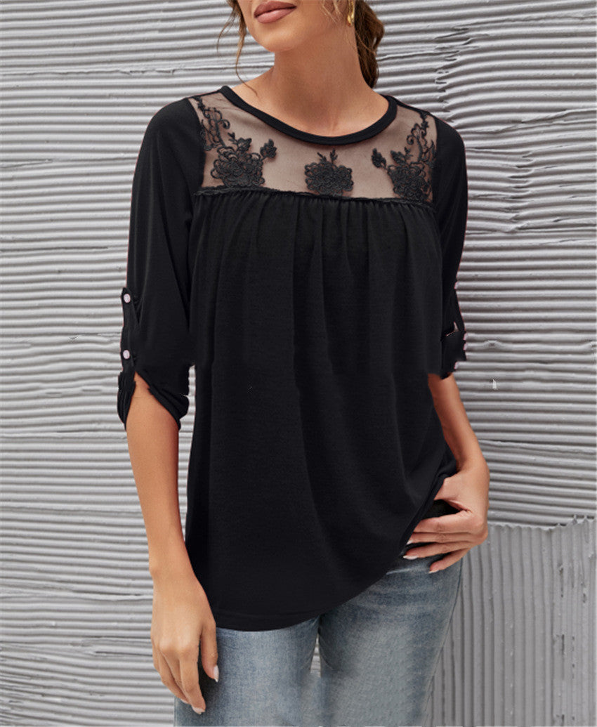 Lace Pleated Mid Sleeve Top
