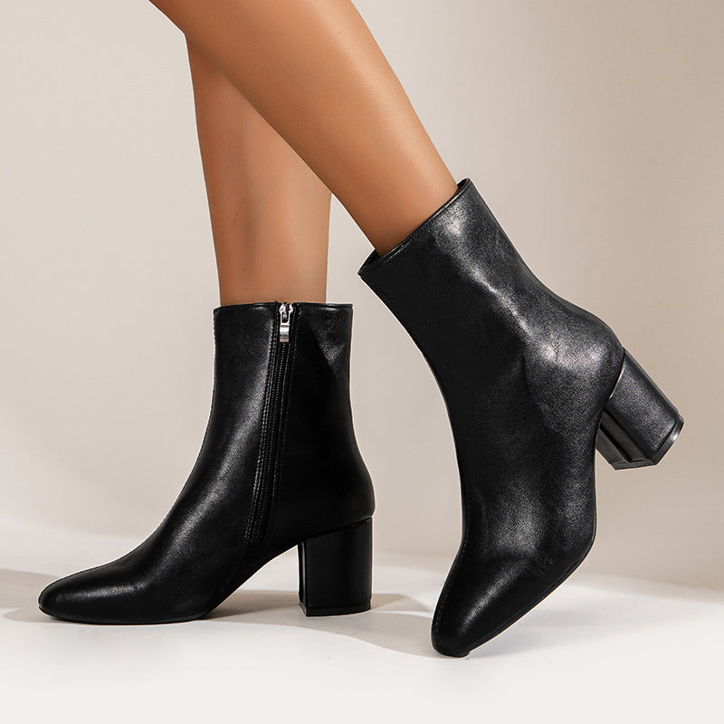Chunky Heel Pointed Toe Boots With Side Zipper