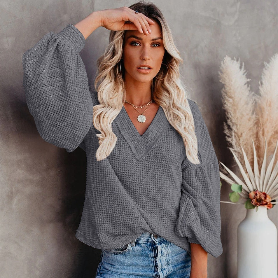 Fashion loose V-neck T-shirt - Lantern Sleeve Top