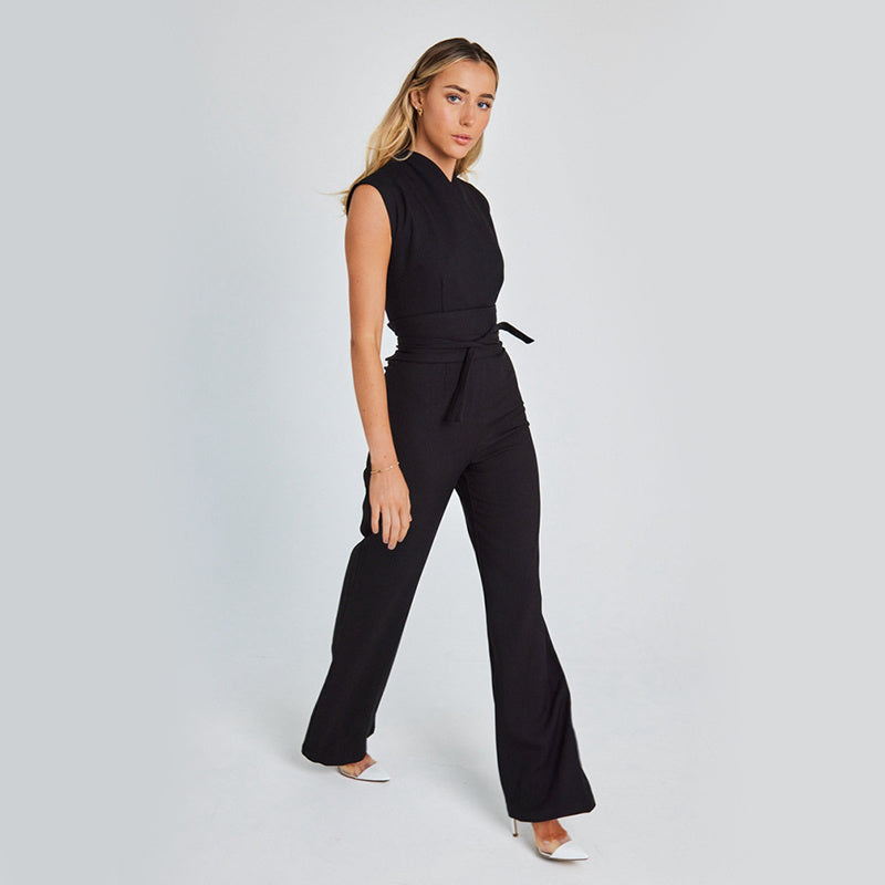 Elegant Long Sleeveless Jumpsuit - Summer V-neck Casual Wide Leg Long Overalls Clothing For Women