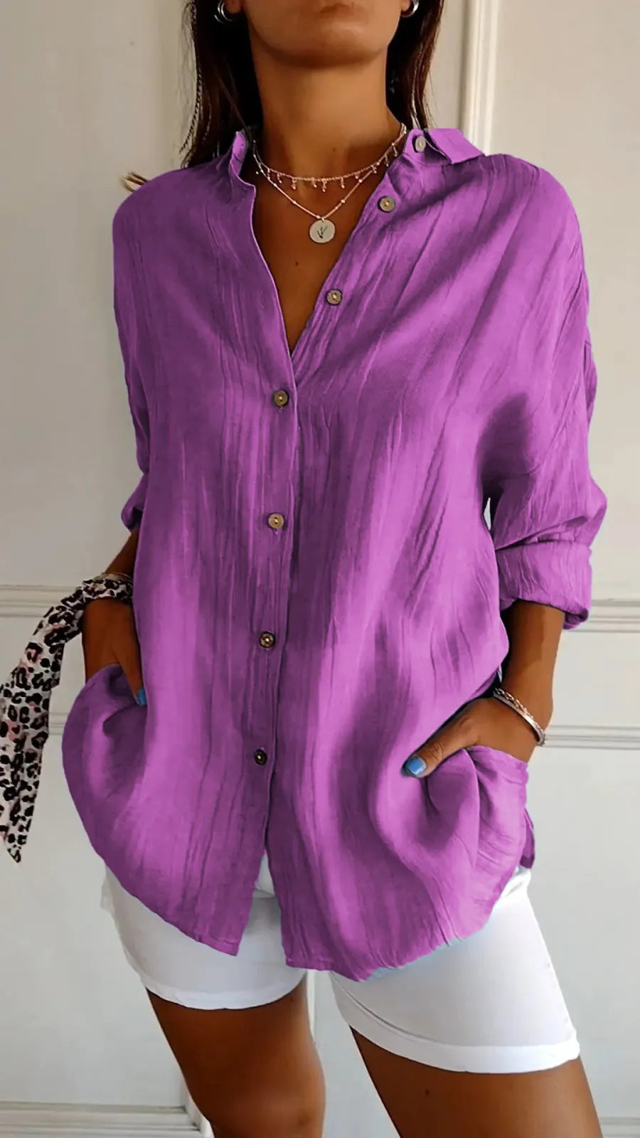 Lapel Long Sleeve Shirt - Women's Single-breasted Pleated Shirt