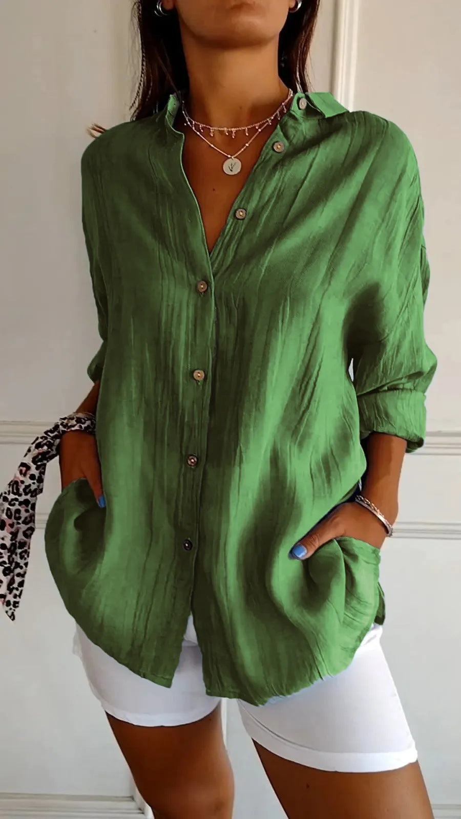 Lapel Long Sleeve Shirt - Women's Single-breasted Pleated Shirt