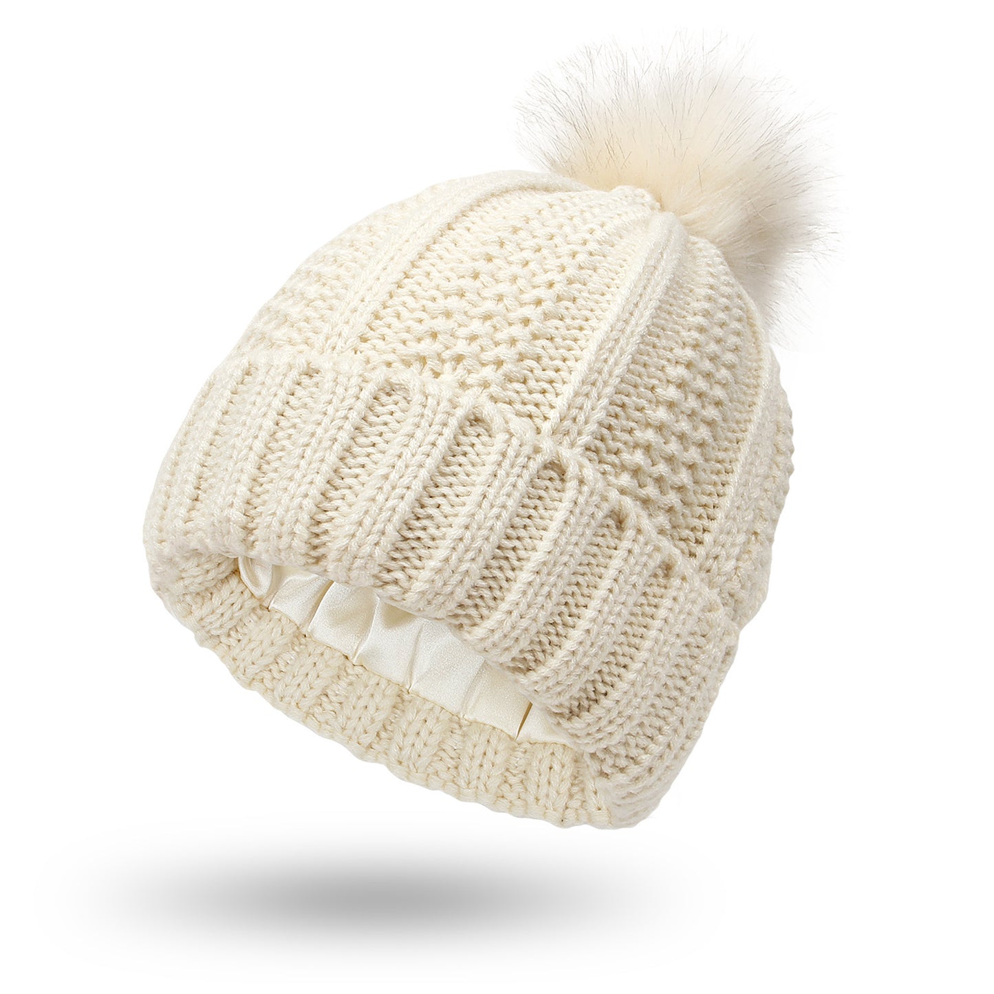 Fashion Stretchy Satin Lined Skull Knit Hats Beanie Hat - For Women Faux Fur Pom Pom Hat Beanie Hat