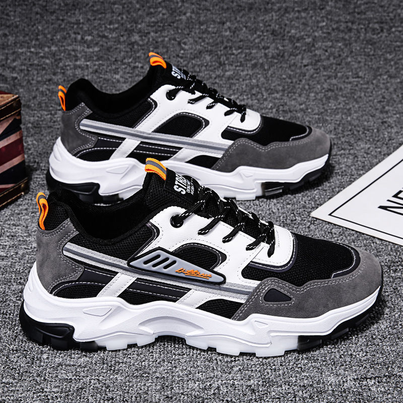 Black White Lace-up Sneakers - Men Outdoor Breathable Casual Mesh Shoes, Lightweight Running Sports Shoes