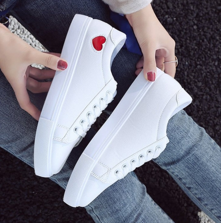 Women Leather Shoes - Ladies Breathable Cute Heart Flats Casual Shoes White Sneakers