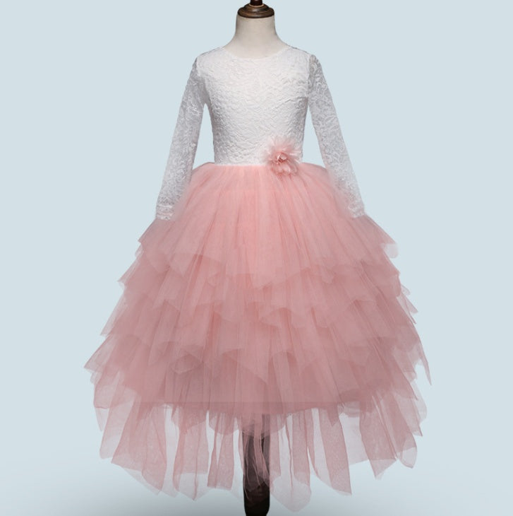 Hollow Skirt Lace Long-sleeved Girls Princess Irregular Dress