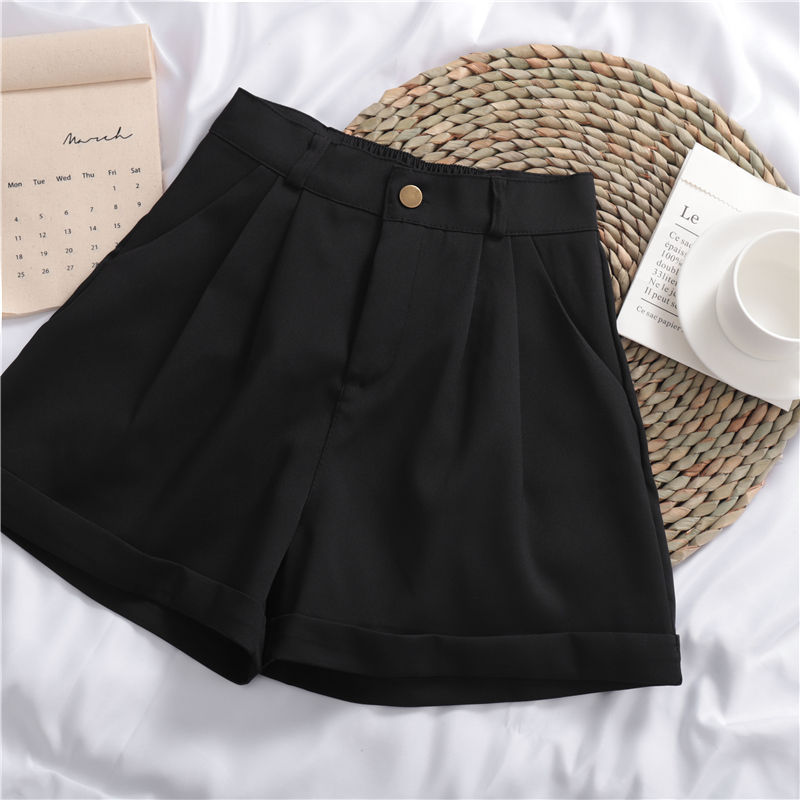 Solid Color Roll-up Wide-leg Casual Shorts