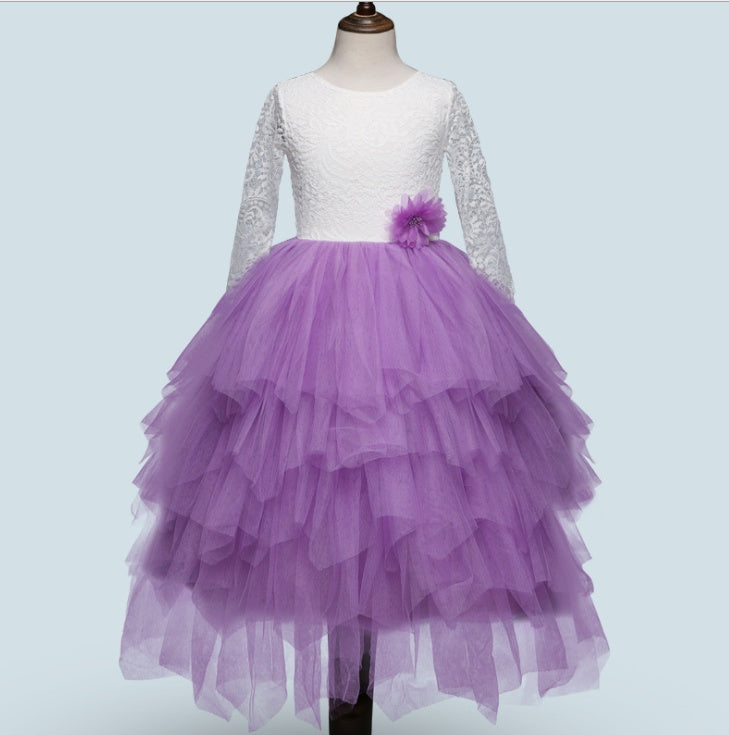 Hollow Skirt Lace Long-sleeved Girls Princess Irregular Dress