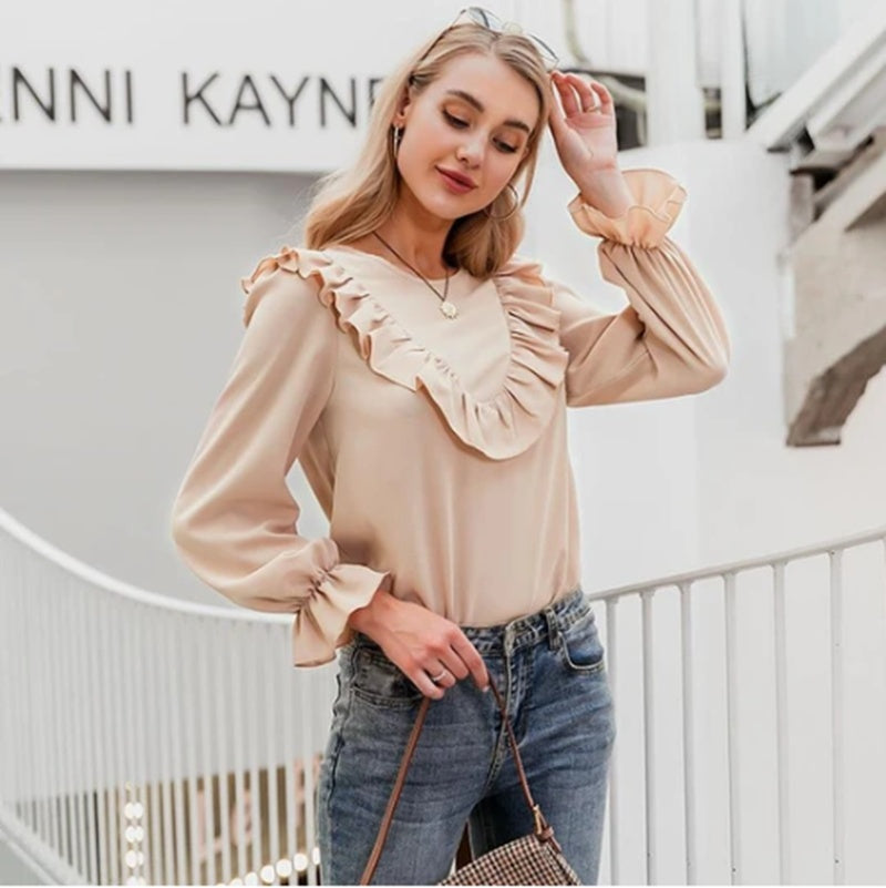 Round Ruffle Neck Long Sleeve Shirts - Ladies Shirt