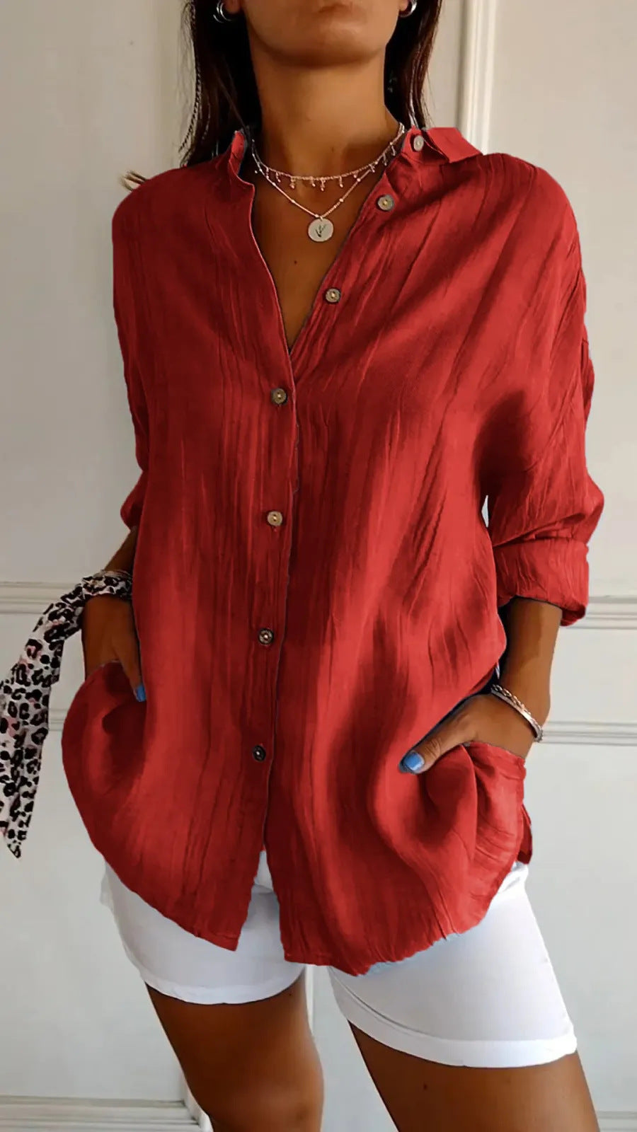 Lapel Long Sleeve Shirt - Women's Single-breasted Pleated Shirt