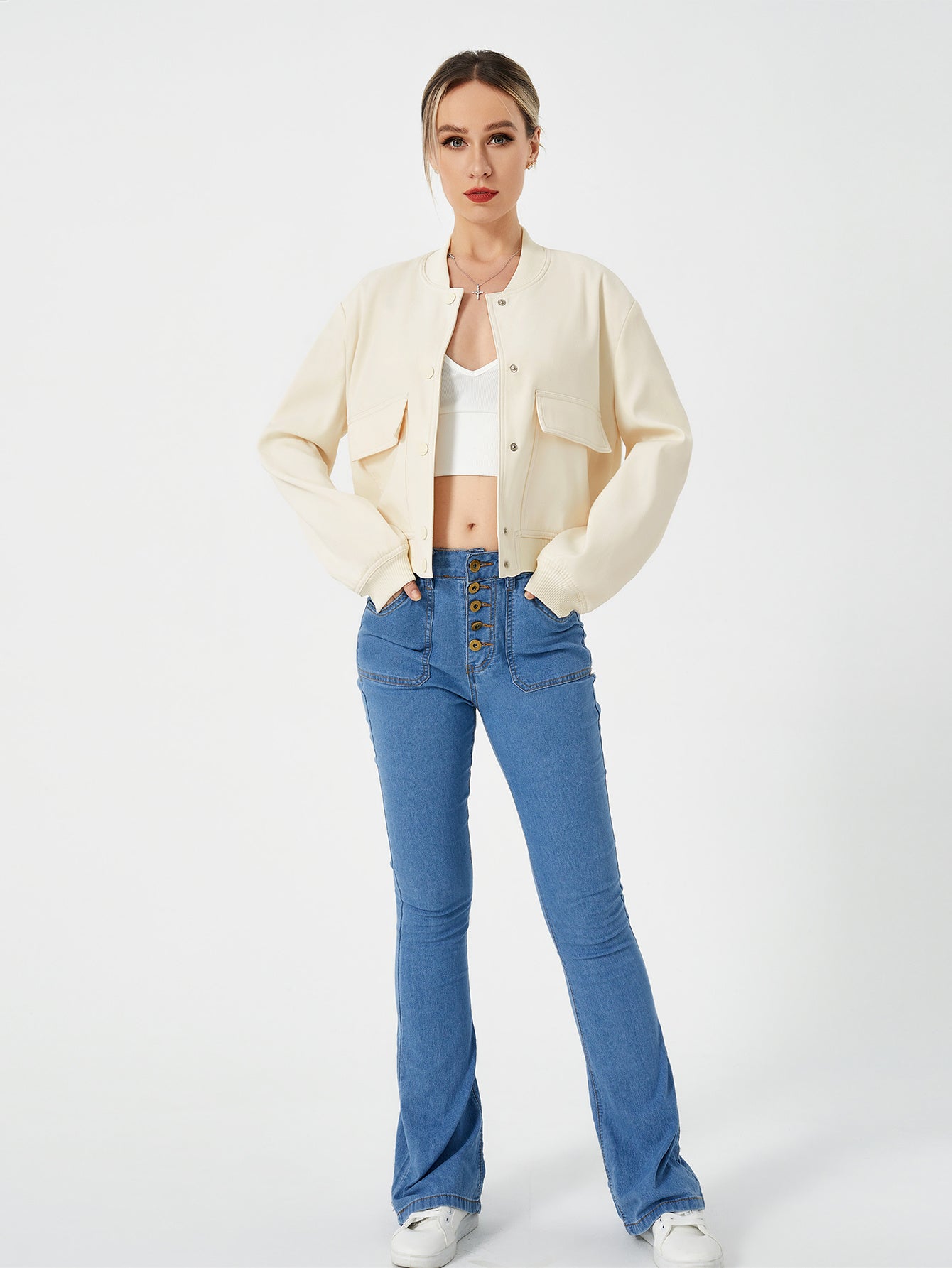 Lightweight Cropped Bomber Jacket - Casual Long Sleeve Varsity Jacket With Pocket Fashion Y2k Jacket Streetwear