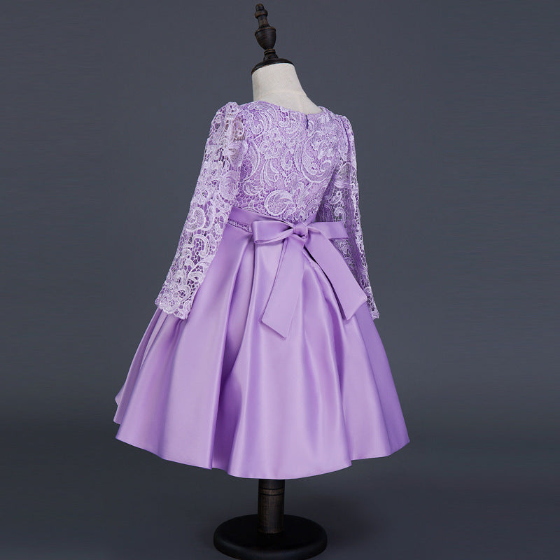 Party Children's Princess Long Sleeve Dress - Flower Girl Dress Purple Lace Costumes Dress