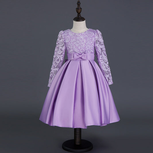 Party Children's Princess Long Sleeve Dress - Flower Girl Dress Purple Lace Costumes Dress