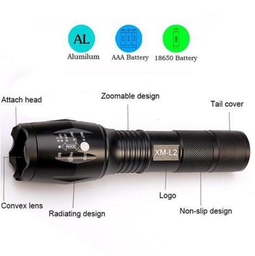 Zoom Flashlight Torch - Tactical 5000 Lumens Led High Power Flashlights AAA or 18650 battery kit