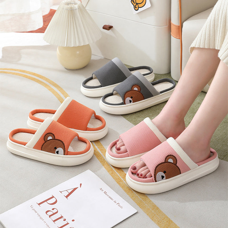 Cute Cartoon Bear Linen Slippers For Women -- Indoor Non-slip Sweat-absorbent Breathable Slip On Floor Bedroom Slipper House Shoes