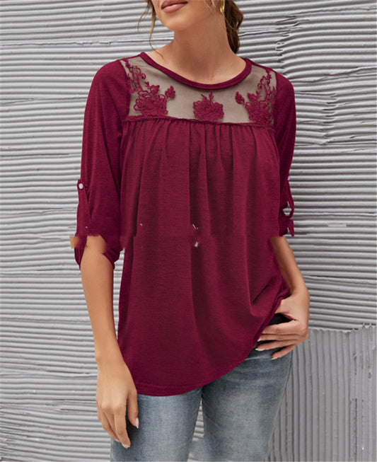 Lace Pleated Mid Sleeve Top