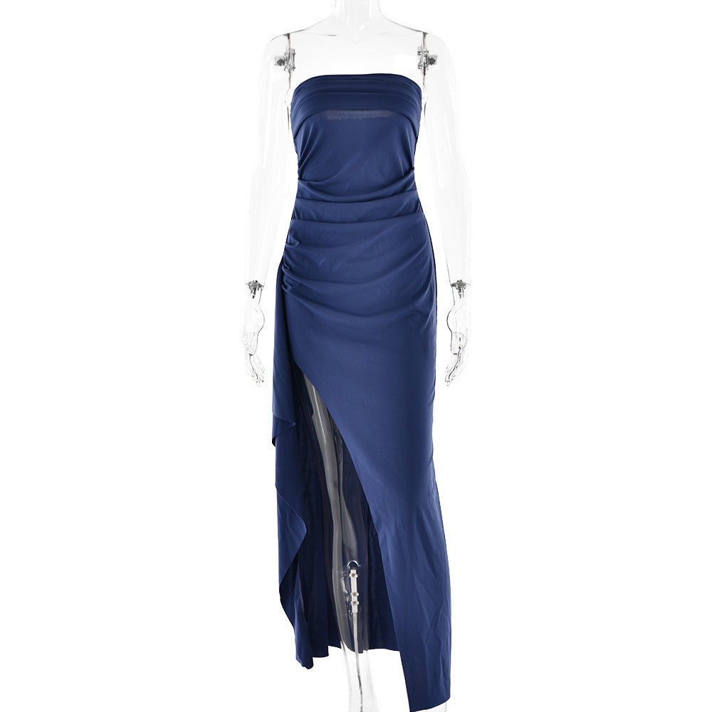 Strapless Split Long Dress – Summer Pleated Bridesmaid & Party Dress for Women