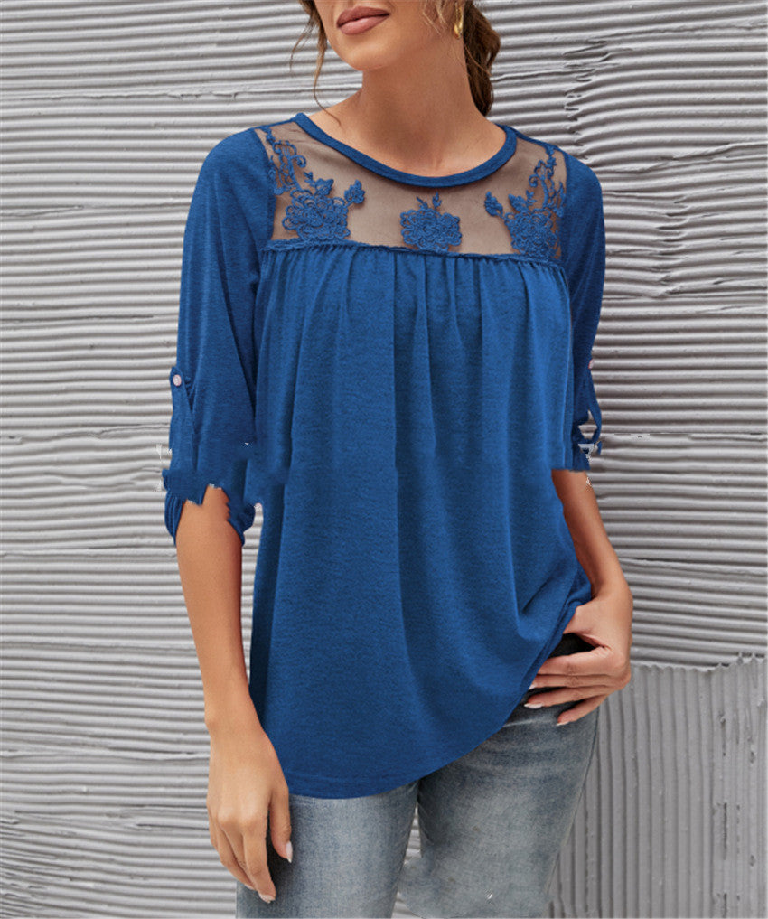 Lace Pleated Mid Sleeve Top