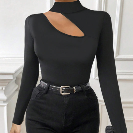 Fashionable Body Con Top - Ladies' Slim Fit, Elegant, Basic, Versatile, Careful Machine, Autumn And Winter High Neck Base Solid Color T-shirt, Chest Hollow Out Slimming Top