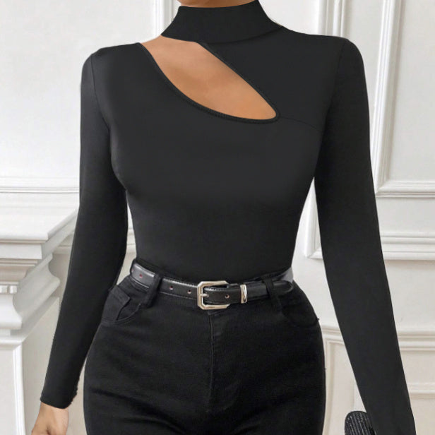 Fashionable Body Con Top - Ladies' Slim Fit, Elegant, Basic, Versatile, Careful Machine, Autumn And Winter High Neck Base Solid Color T-shirt, Chest Hollow Out Slimming Top