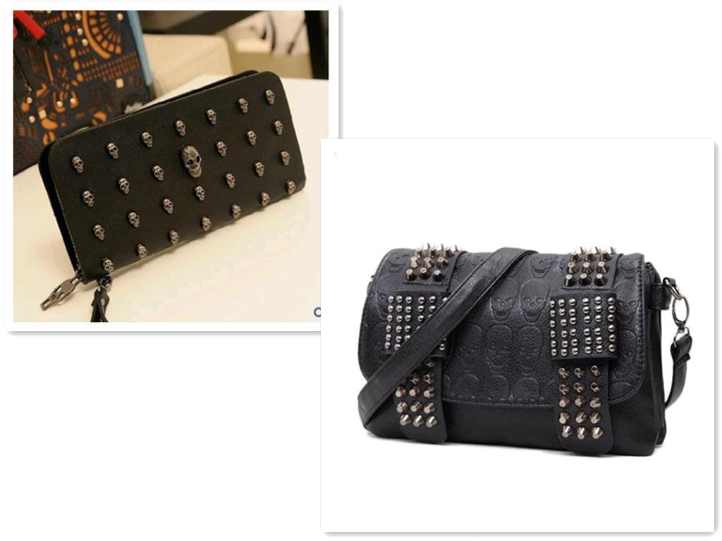 Fashion Women Black Leather Messenger Bags and Wallet