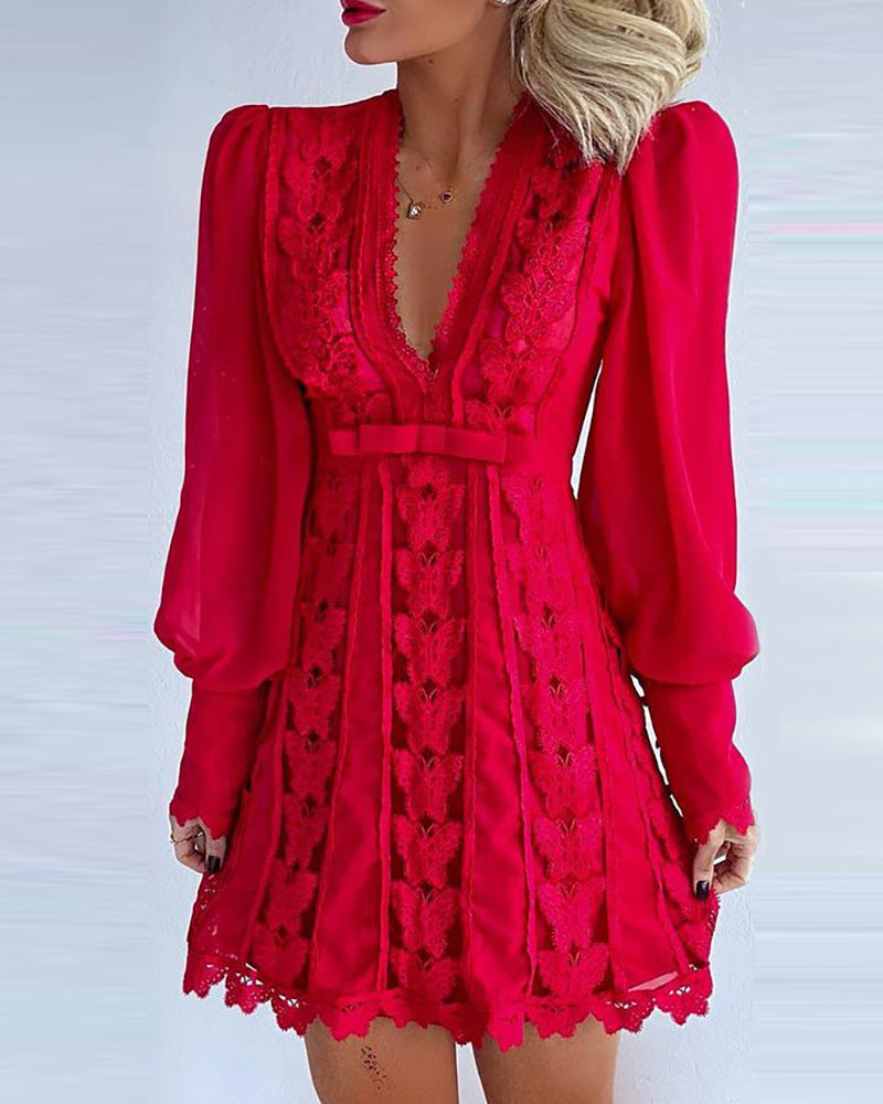 White Sexy V Neck Lace Dress Long Puff Sleeve Butterfly Dress