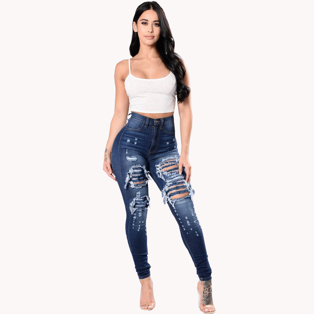 Women's Ripped Denim - Washed Denim Pants