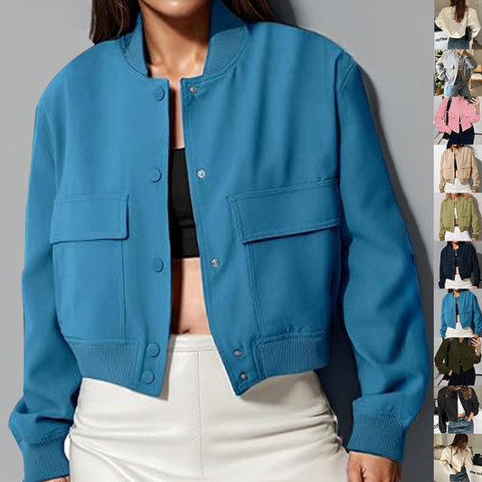 Stylish Stand-Collar Jacket – Trendy, Loose-Fit with Big Pockets!  Fashion Button Stand-collar Jacket With Big Pockets Casual Loose Short Outwear Tops Coat For Women Clothing - JumoShop