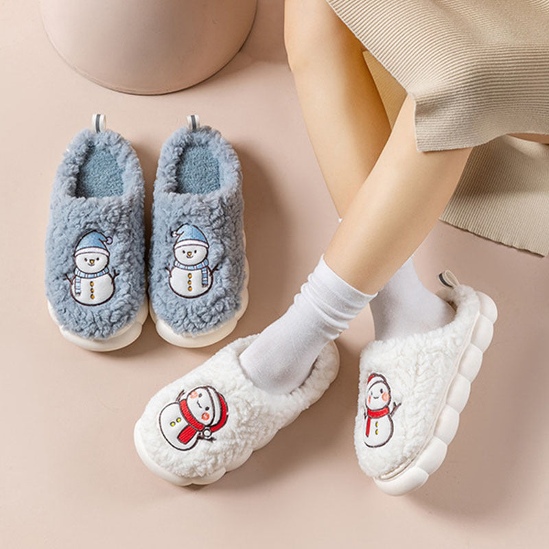 Cute Snowman Slippers -- Winter Indoor Household Warm Plush Thick-Soled Anti-slip Couple Home Slipper Soft Floor Bedroom House Shoes